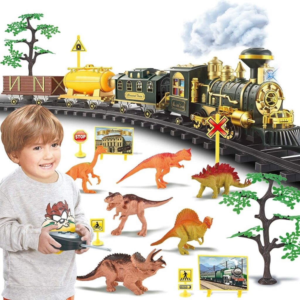 Train Set, Updated Large Remote Control Electric Train Toy for Boys Girls w/Smokes, Lights  Sound, Railway Kits w/Steam Locomotive Engine, Cargo Cars  Tracks, for 3 4 5 6 7 8+ Year Old Kids…