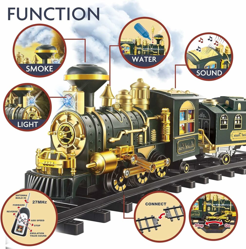 Train Set, Updated Large Remote Control Electric Train Toy for Boys Girls w/Smokes, Lights  Sound, Railway Kits w/Steam Locomotive Engine, Cargo Cars  Tracks, for 3 4 5 6 7 8+ Year Old Kids…